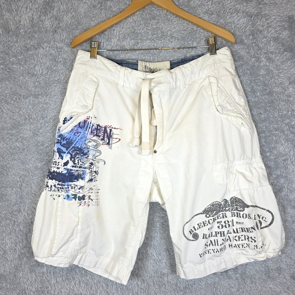 Y2K Polo Ralph Lauren Bleecker Bros Sailmakers Cargo Shorts White Graphic Men 34